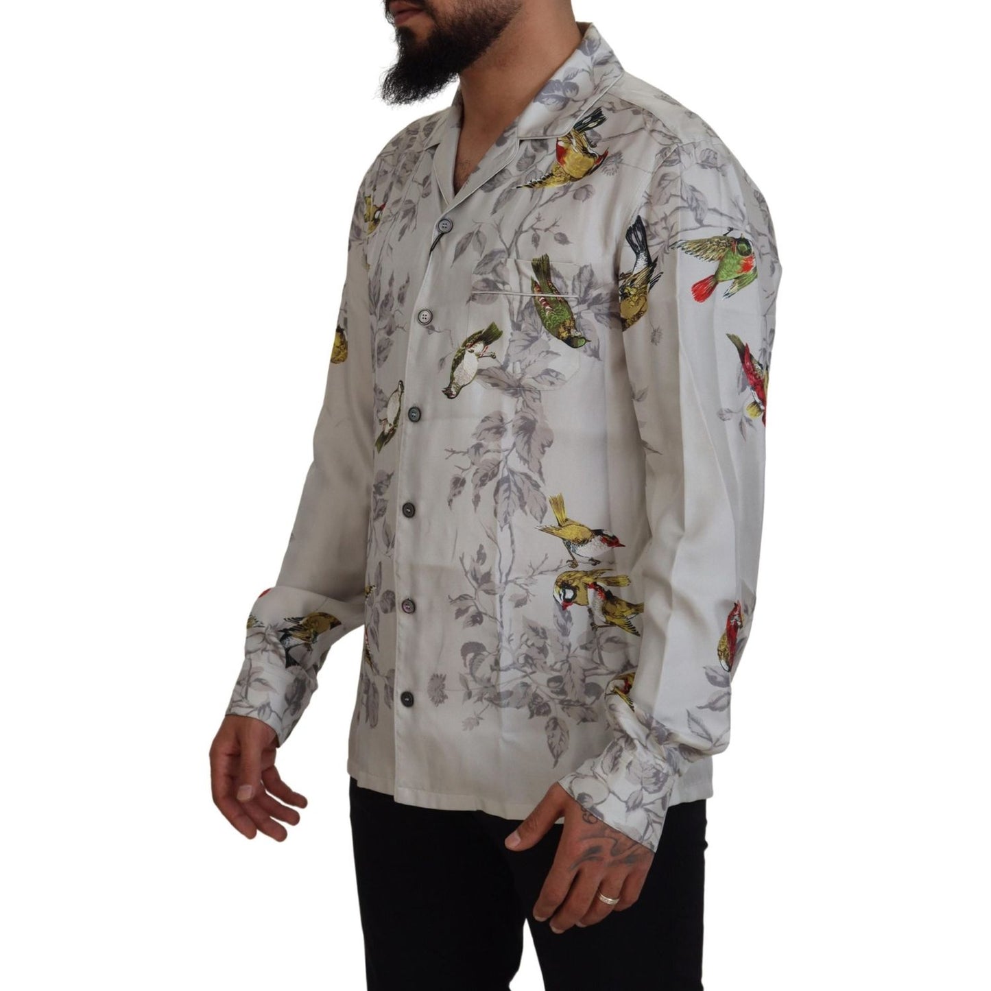 Dolce & Gabbana White Bird Print Silk Satin Casual Shirt TSH83568- IT4