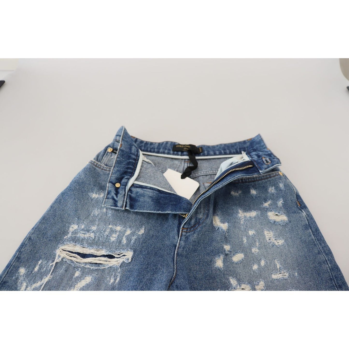 Dolce & Gabbana Blue Washed Cotton Tattered Denim Jeans PAN73090-IT36