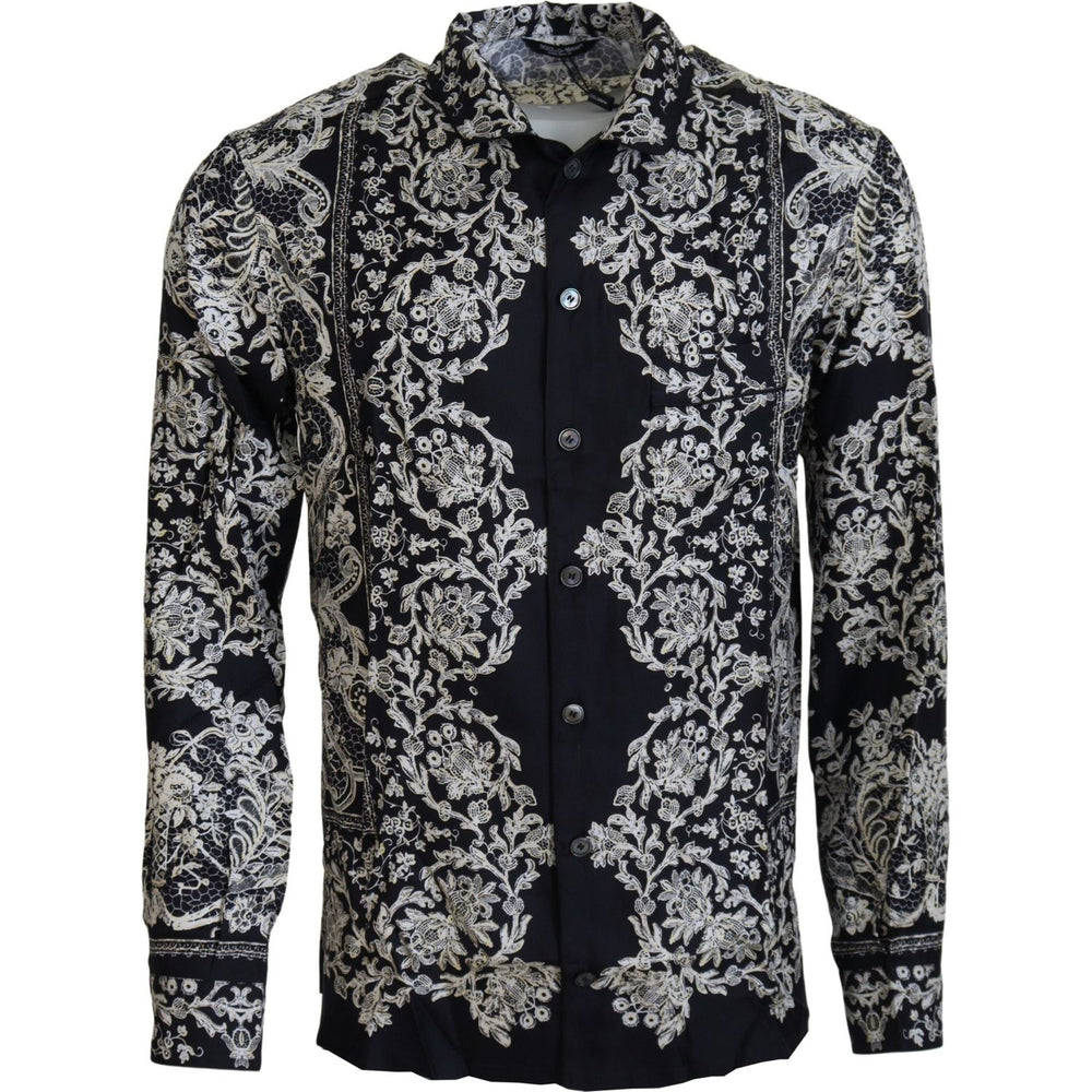 Dolce & Gabbana Blue Silk Floral Baroque Satin Casual Shirt TSH83578- 37