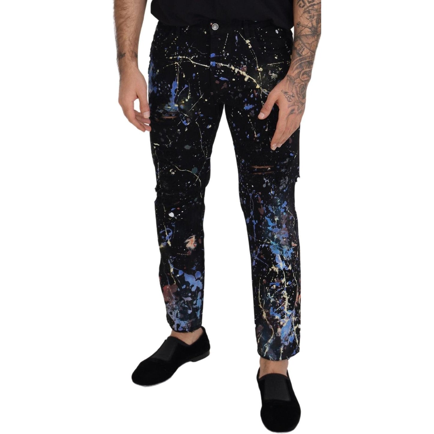 Dolce & Gabbana Black Cotton Color Splash Print Denim Jeans PAN73303 - 48
