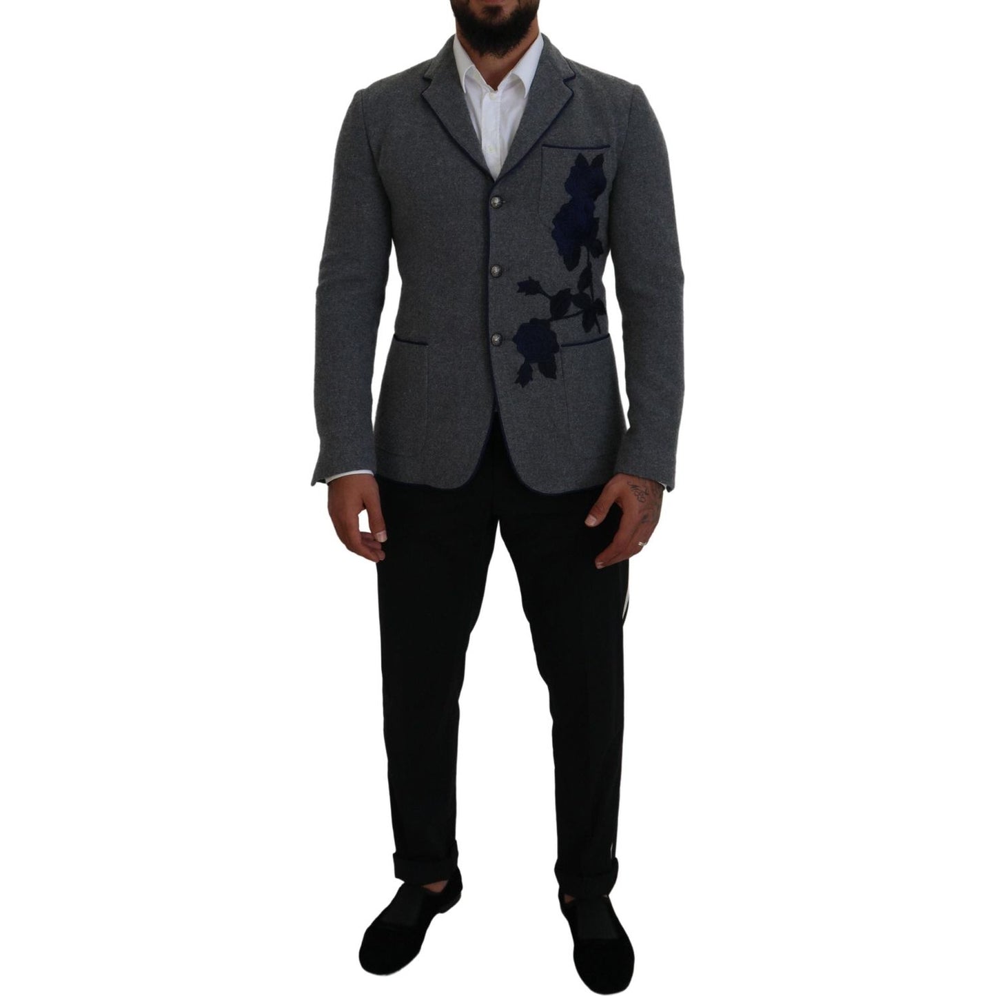 Dolce & Gabbana Gray Wool Roses Slim Fit Jacket Blazer KOS2111- 44