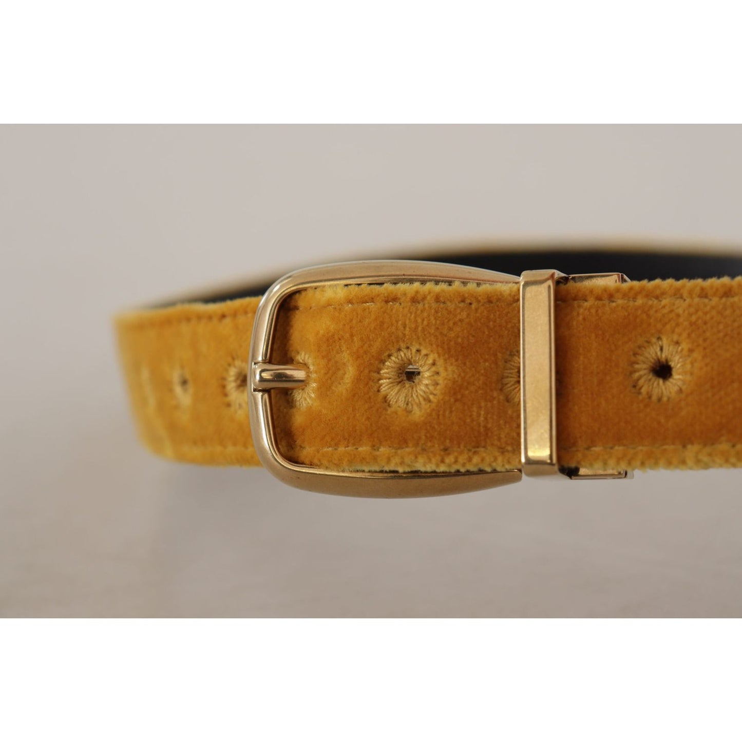 Dolce & Gabbana Mustard Velvet Gold Logo Engraved Metal Buckle Belt BEL8413 - 65