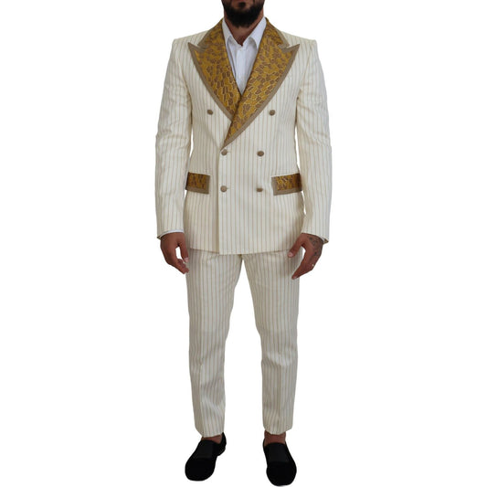 Dolce & Gabbana Off White Gold Striped Tuxedo Slim Fit Suit