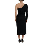 Dolce & Gabbana Black Wrap Sheath One Shoulder Wool Dress DR28903-38