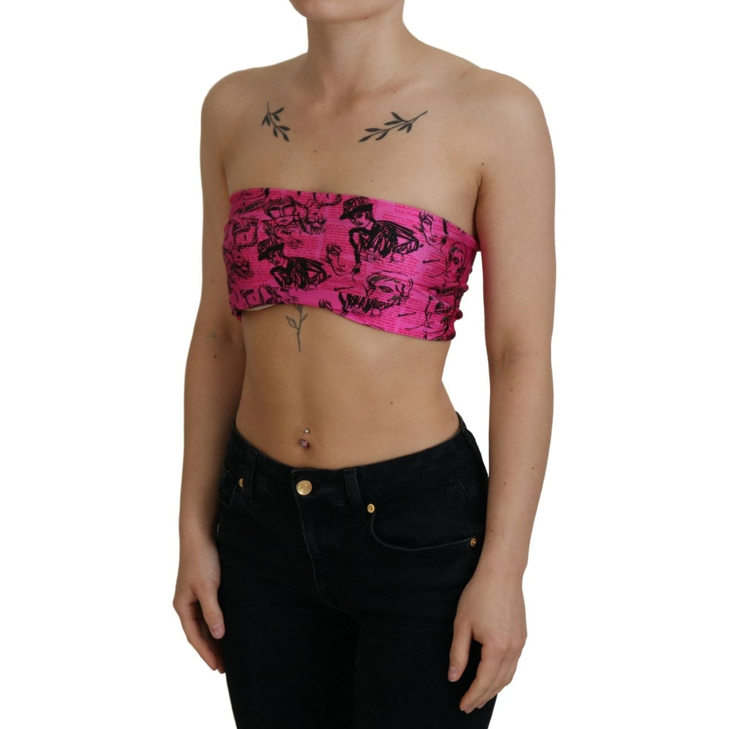 John Galliano Pink Newspaper Print Bra Cropped Blouse TSH83272- XS