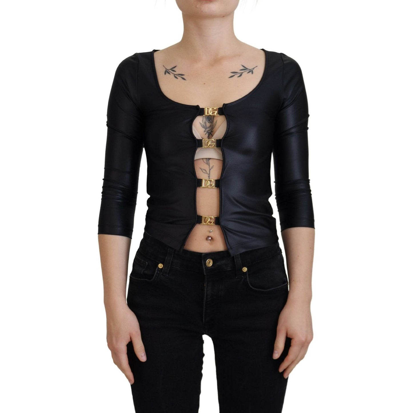 Dolce & Gabbana Black Cotton Stretch Open Chest 3/4 Sleeve Top TSH83726- 40