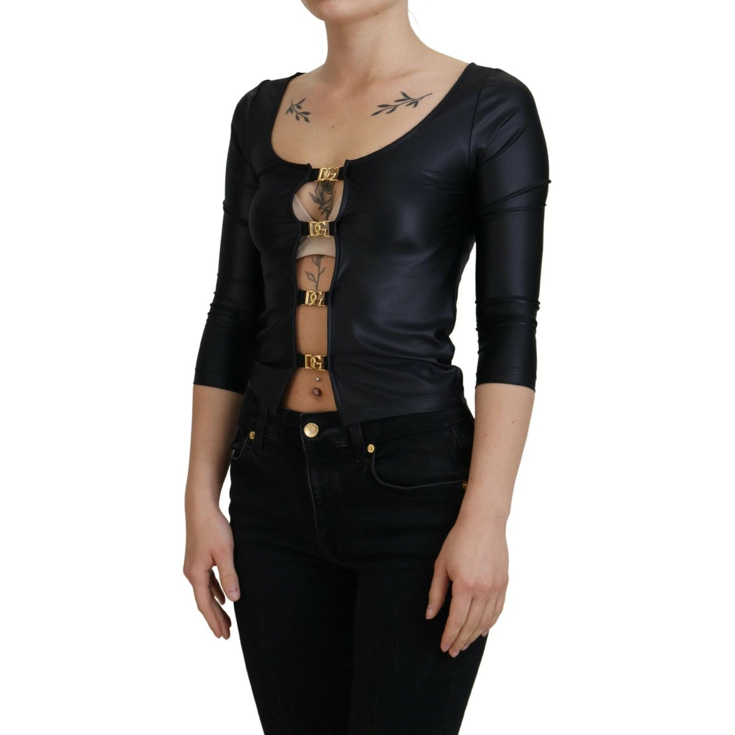 Dolce & Gabbana Black Cotton Stretch Open Chest 3/4 Sleeve Top TSH83726- 40