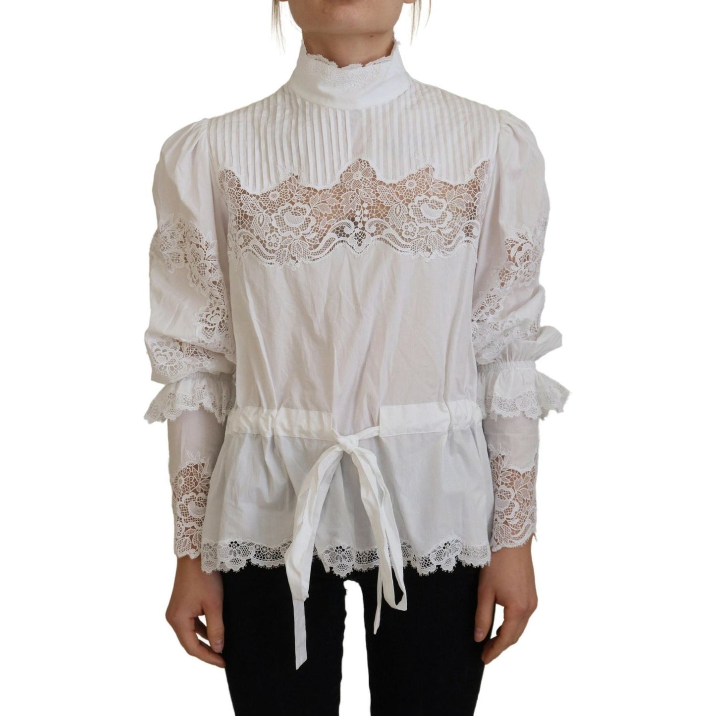 Dolce & Gabbana White Cotton Lace Trim Turtle Neck Blouse Top TSH83731- 40