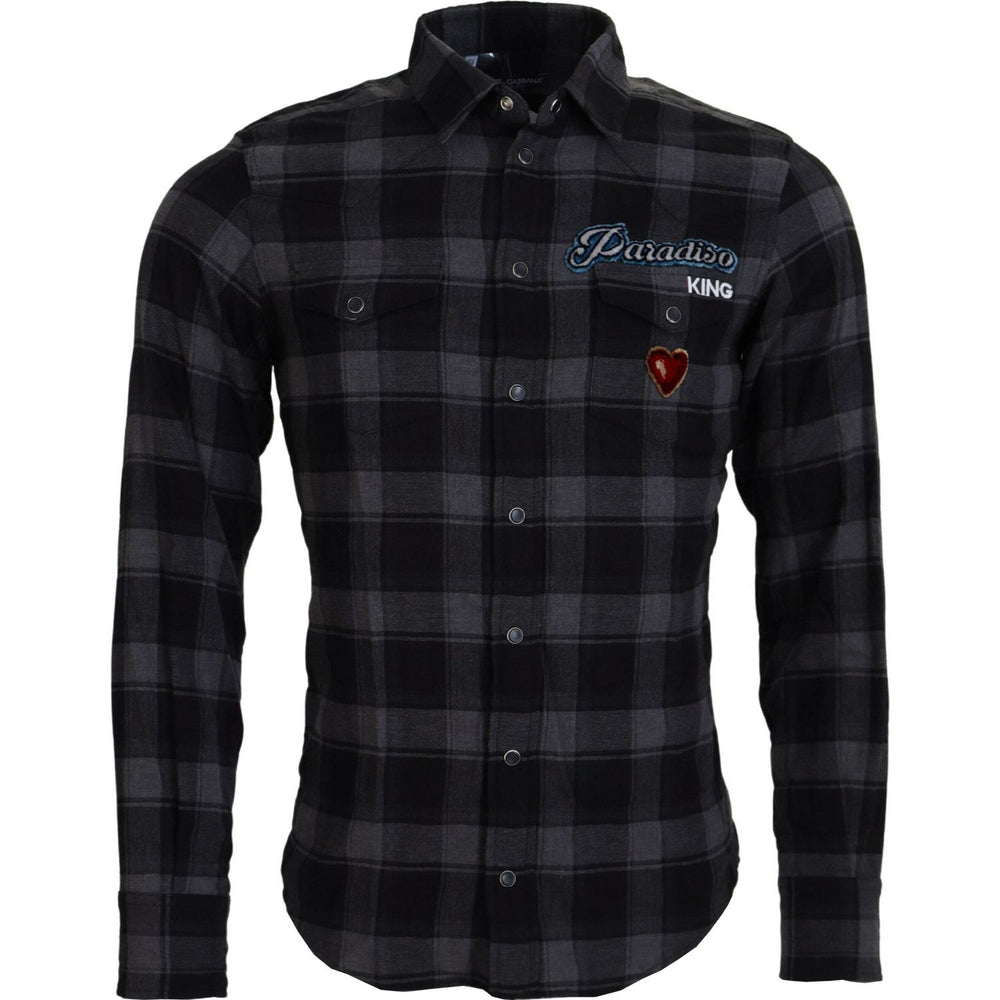 Dolce & Gabbana Black Gray Check Men Long Sleeves Shirt TSH83670-39