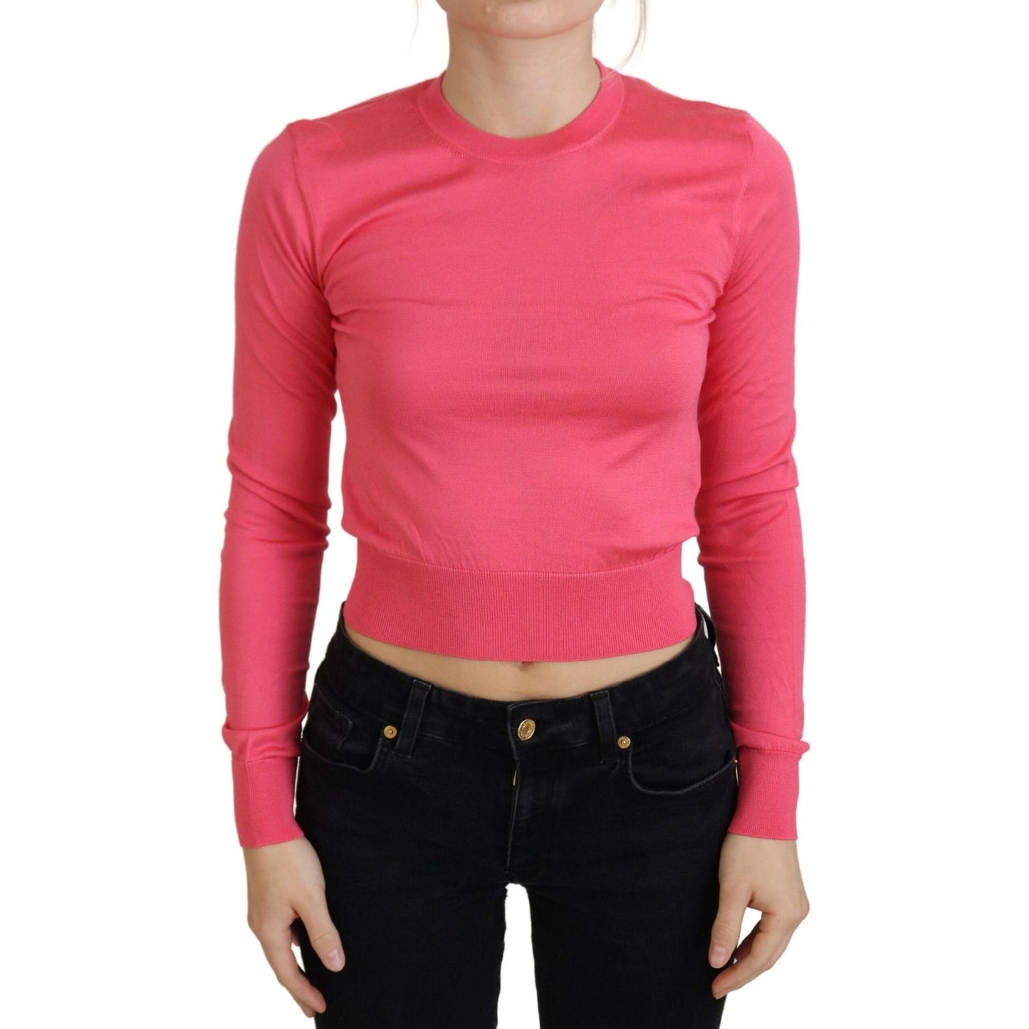 Dolce & Gabbana Pink Silk Cropped Crewneck Pullover Sweater TSH83941- 36