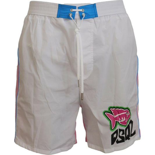 Dsquared² White Pink Logo Print Men Beachwear Shorts Swimwear