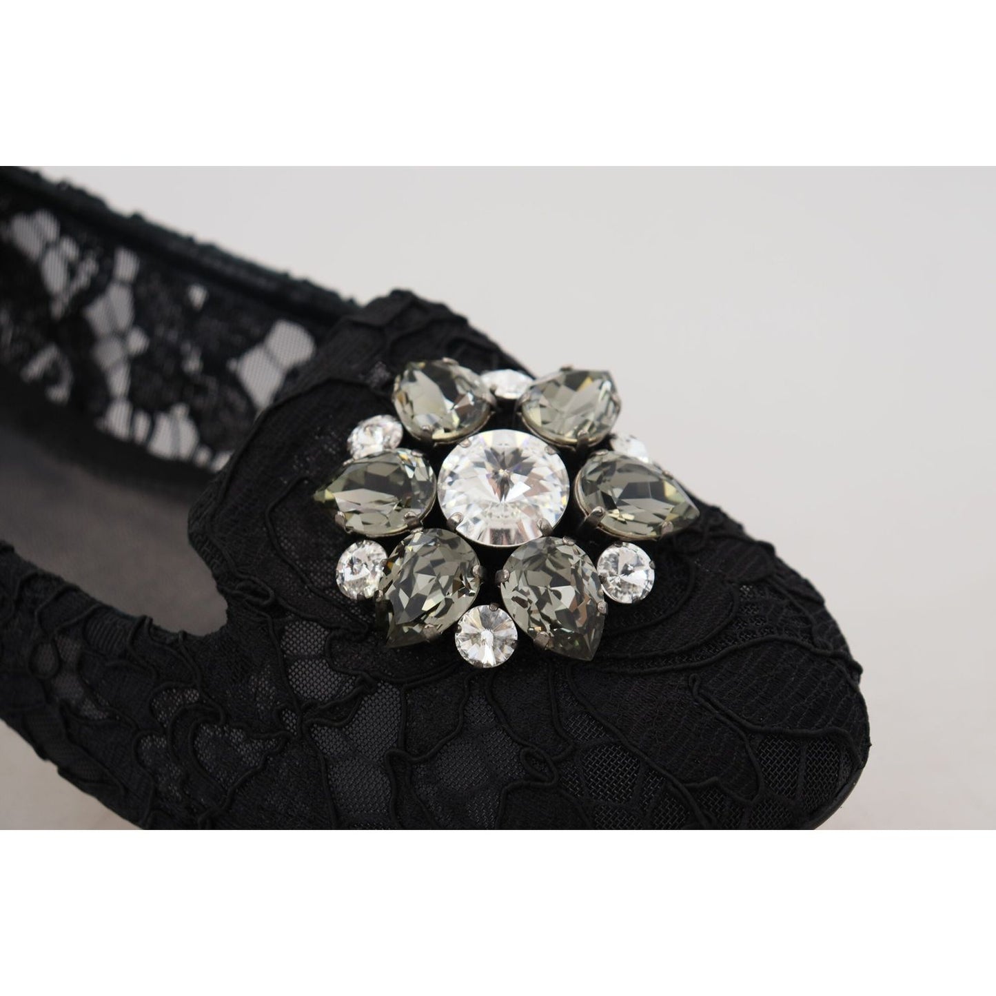 Dolce & Gabbana Black Taormina Lace Crystals Flats Shoes LA10200-35