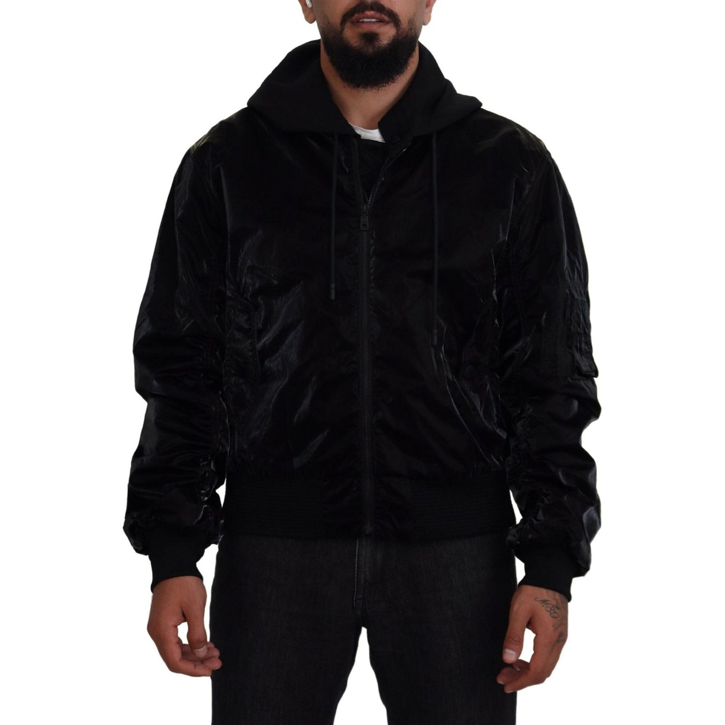 Dolce & Gabbana Black Nylon Hooded Full Zip Bomber Jacket JKT3610-48
