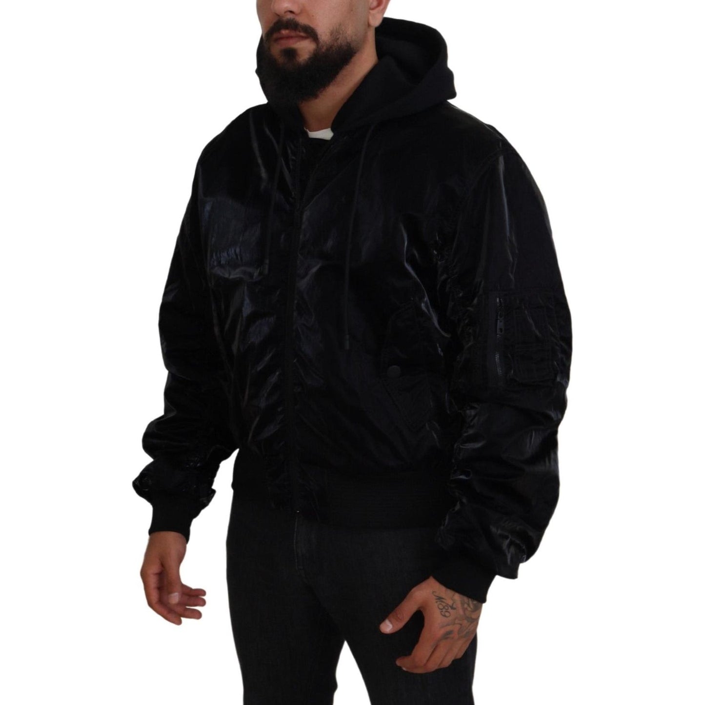 Dolce & Gabbana Black Nylon Hooded Full Zip Bomber Jacket JKT3610-48