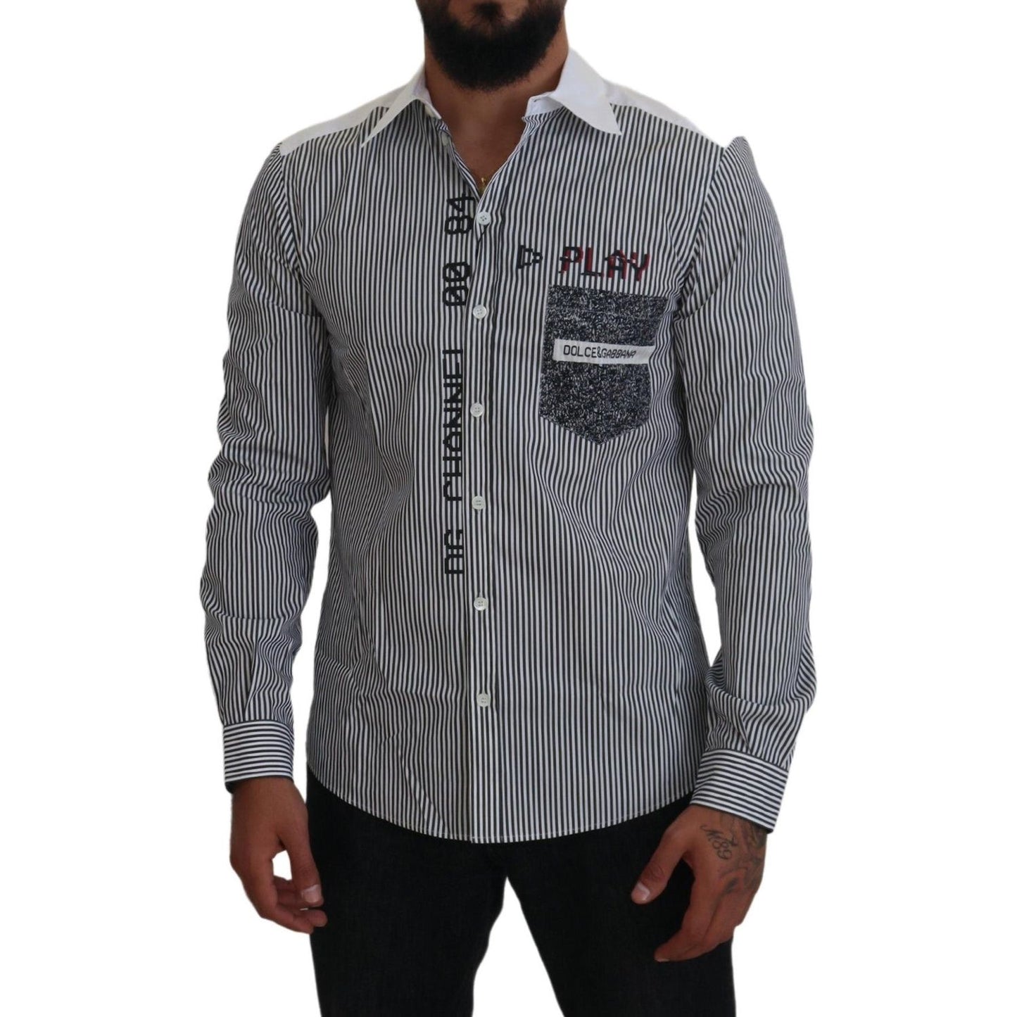 Dolce & Gabbana Gray White Striped Slim Fit Shirt TSH83870- 37