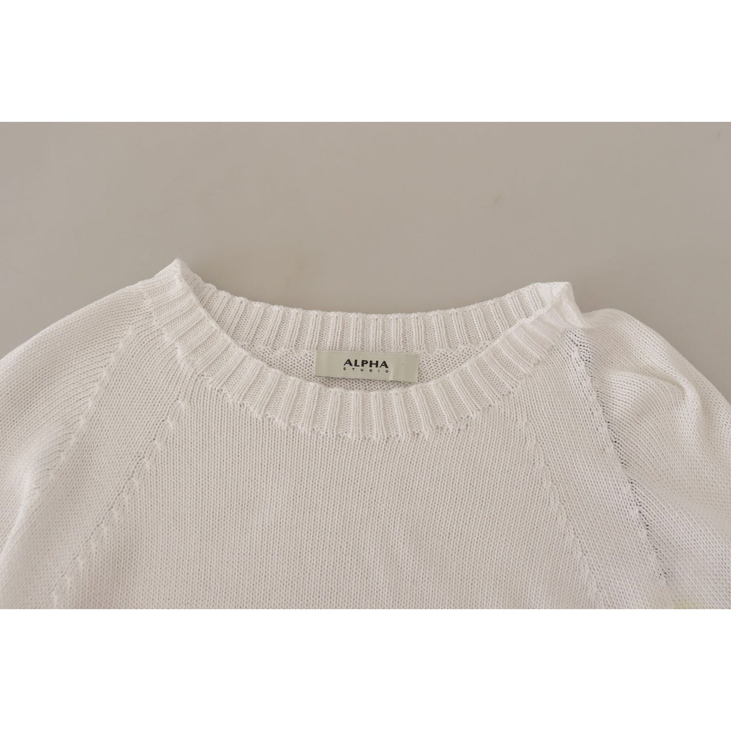 Alpha Studio White Long Sleeves Crewneck Pullover Sweater TSH7301-40