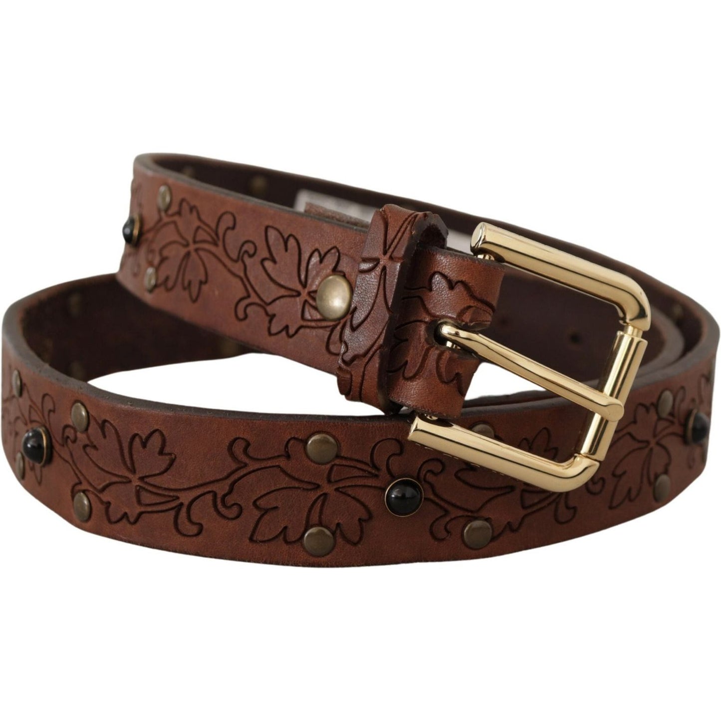 Dolce & Gabbana Brown Leather Floral Studded Metal Buckle Belt BEL8617-85