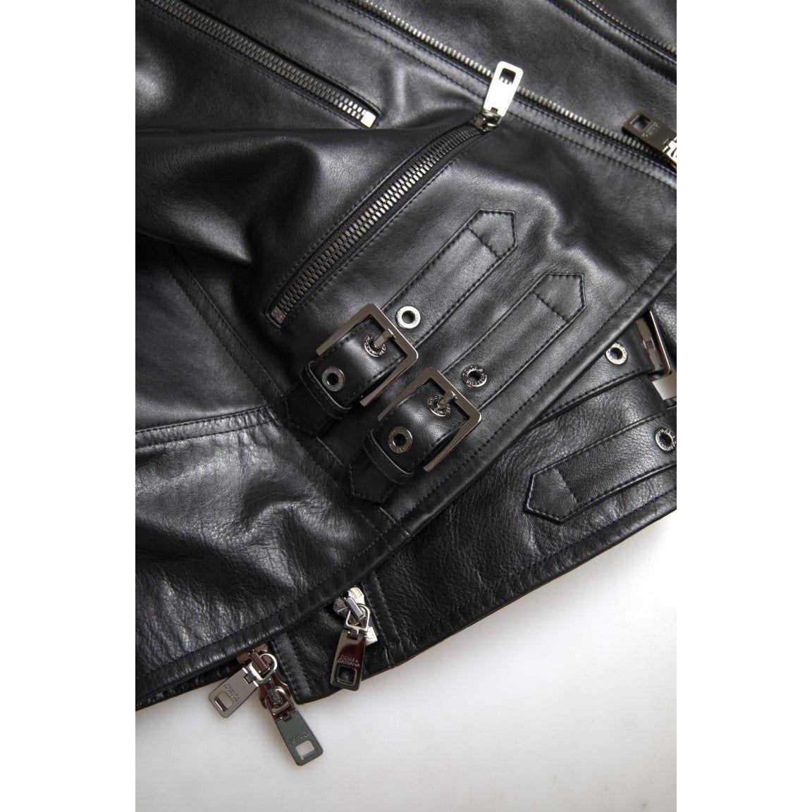 Dolce & Gabbana Black Leather Zipper Coat Men Jacket JKT3653-48