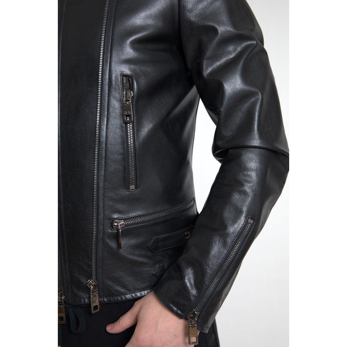 Dolce & Gabbana Black Leather Zipper Coat Men Jacket JKT3653-48