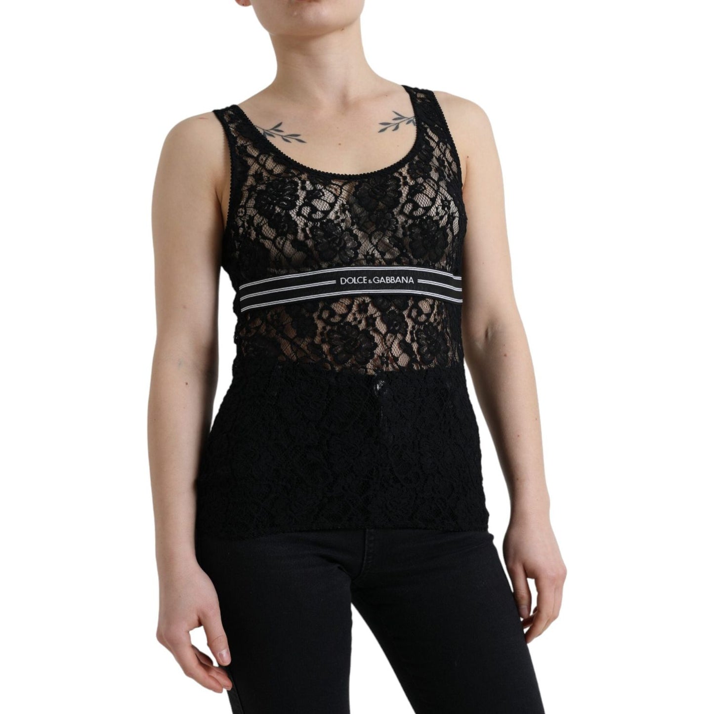 Dolce & Gabbana Black Logo Stripe Lace Sleeveless Tank Top TSH84270-40