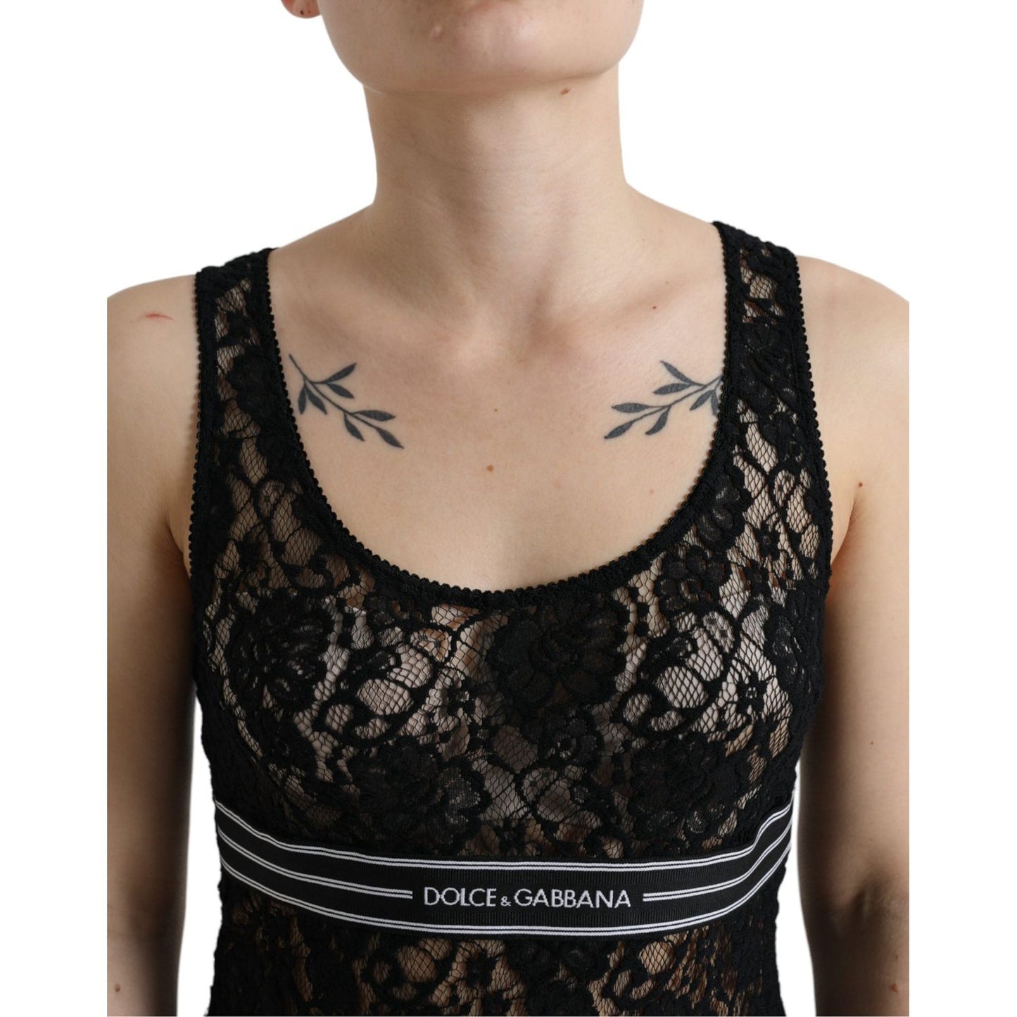 Dolce & Gabbana Black Logo Stripe Lace Sleeveless Tank Top TSH84270-40