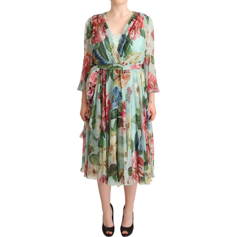 Dolce & Gabbana Multicolor Green Floral Silk Wrap Midi Dress DR28304-42
