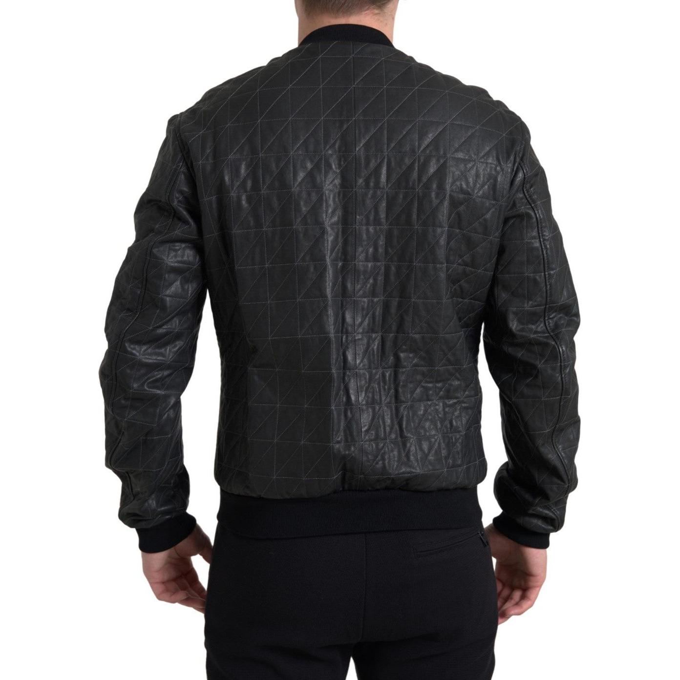 Dolce & Gabbana Black Leather Full Zip Bomber Coat Jacket JKT3672