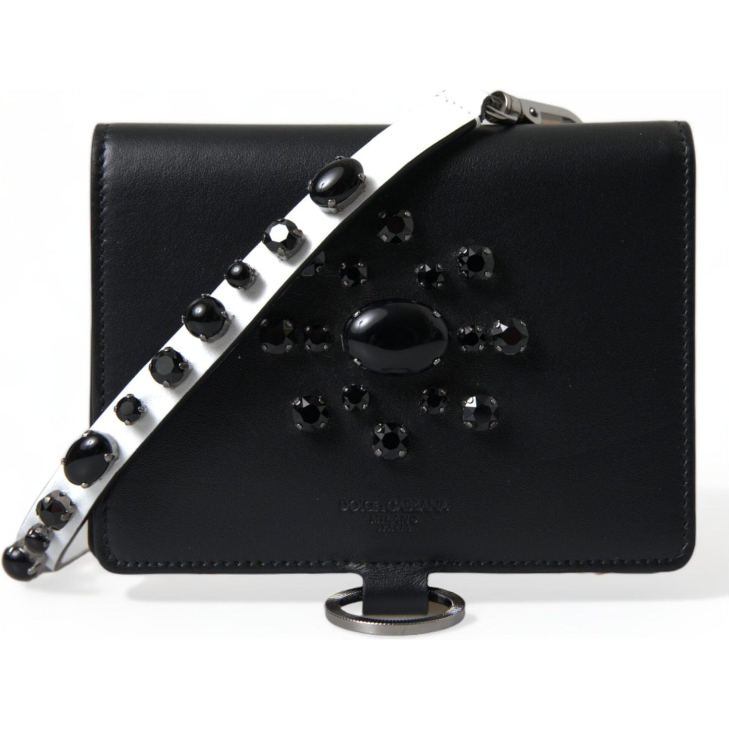 Dolce & Gabbana Black Leather Crystal Embellished Card Holder Wallet BAG1285