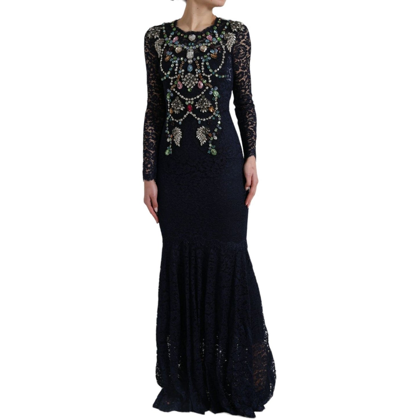 Dolce & Gabbana Blue Crystal Floral Lace Long Gown Dress DR1665-38