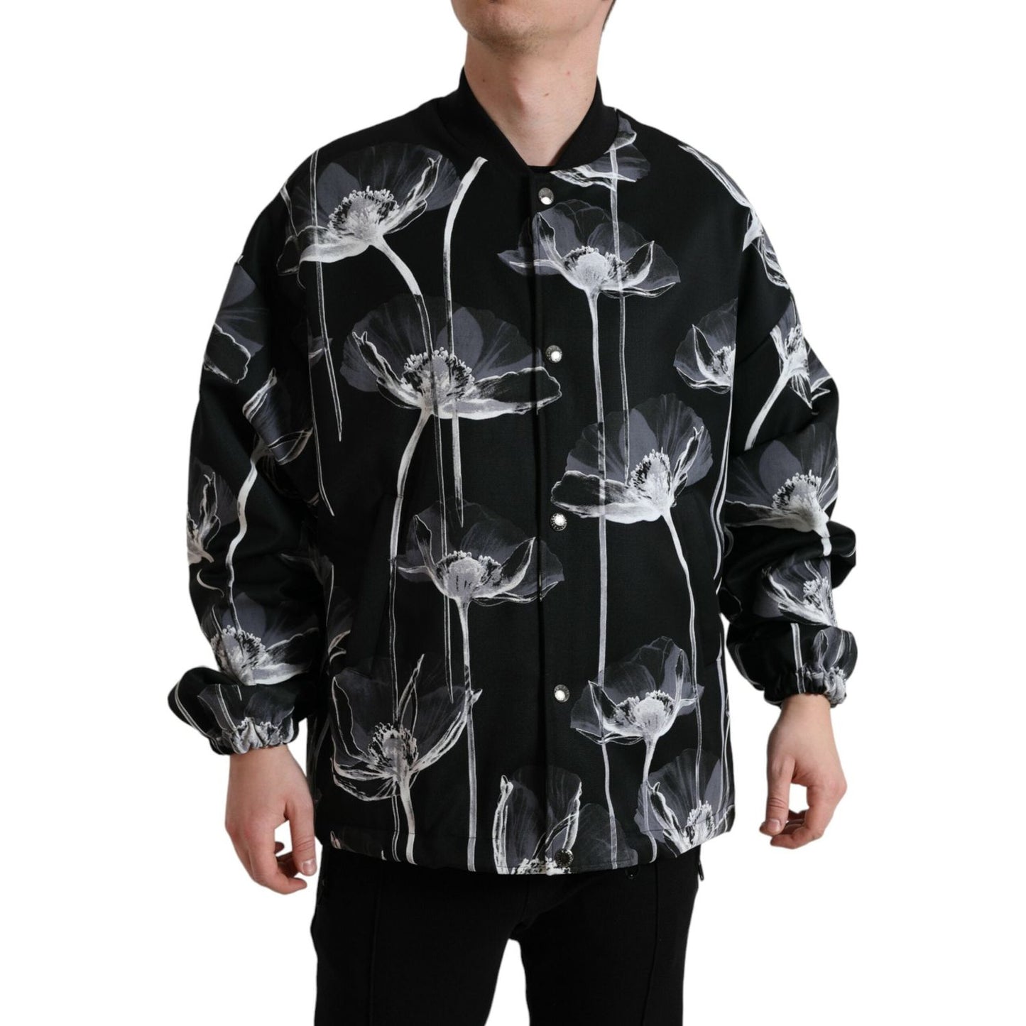 Dolce & Gabbana Black Floral Print Wool Button Down Bomber Jacket JKT3772-54