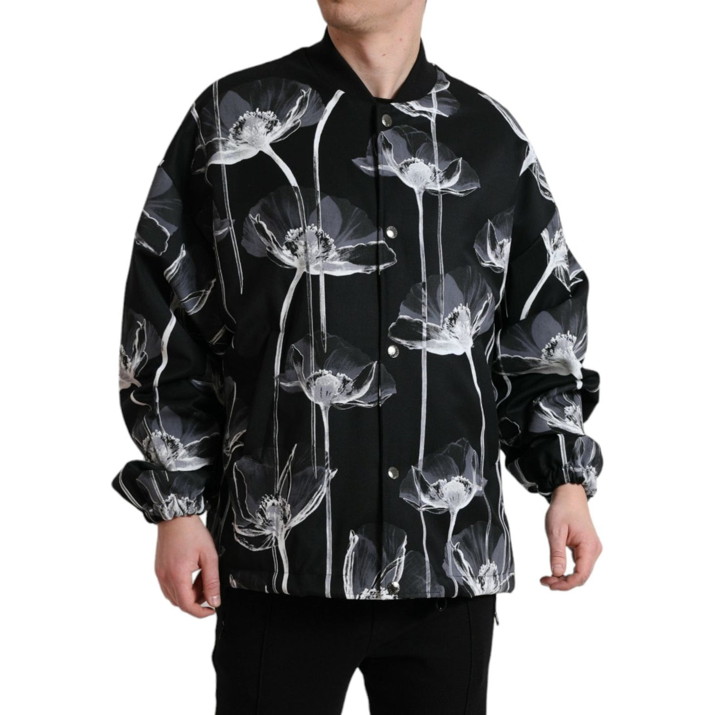 Dolce & Gabbana Black Floral Print Wool Button Down Bomber Jacket JKT3772-54