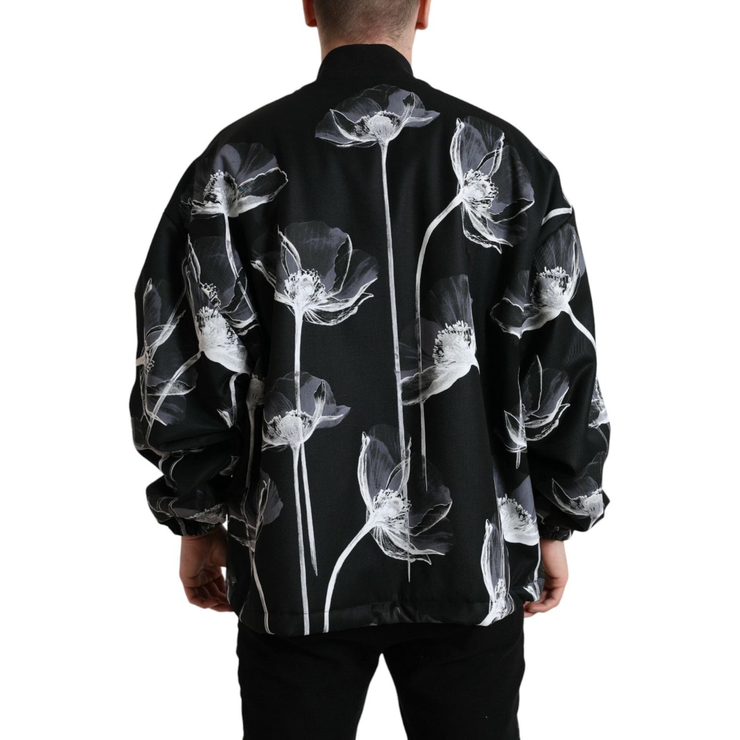 Dolce & Gabbana Black Floral Print Wool Button Down Bomber Jacket JKT3772-54