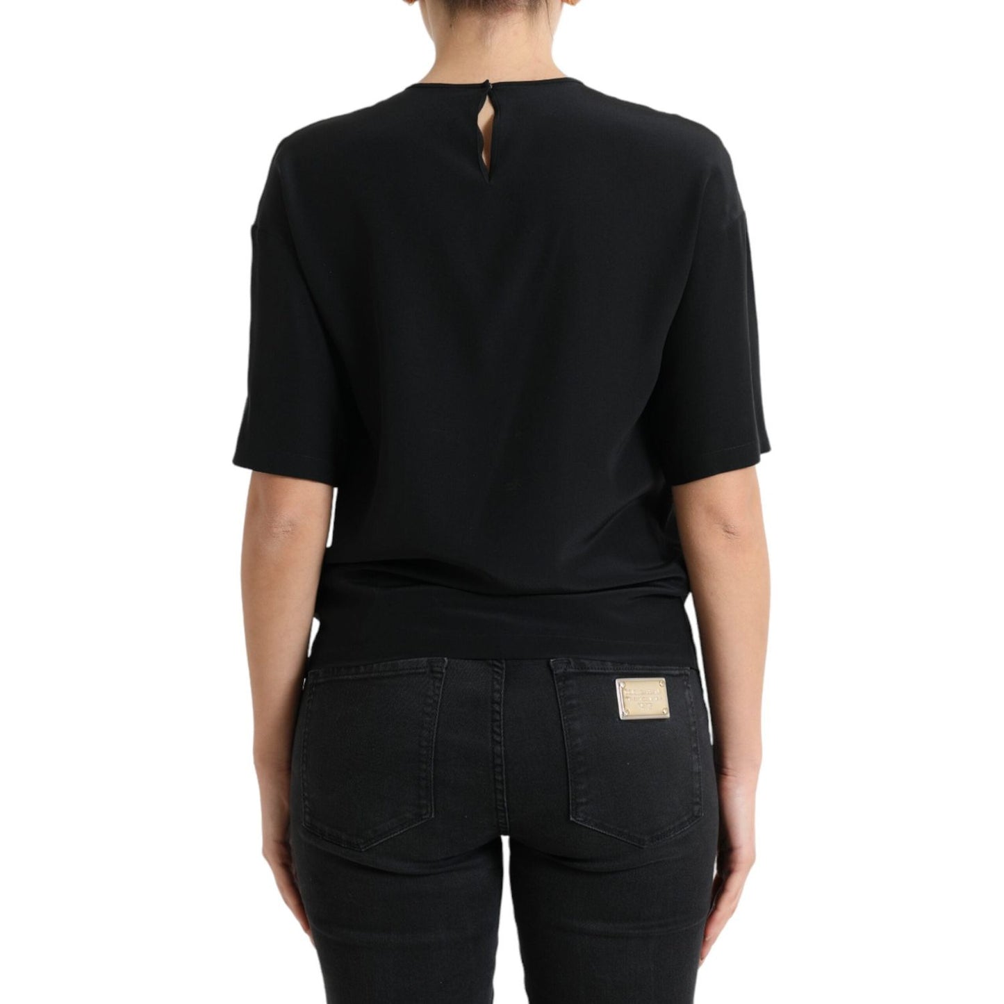 Dolce & Gabbana Black Silk Round Neck Short Sleeve Blouse Top TSH84266-40