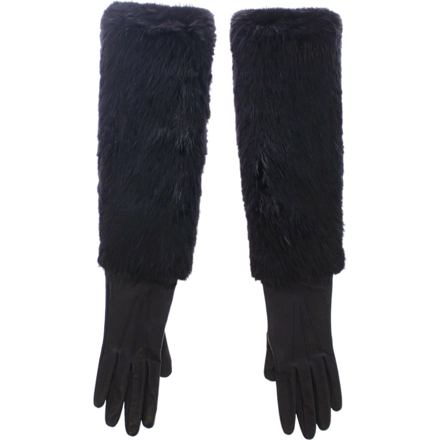 Dolce & Gabbana Black Beaver Fur Lambskin Leather Elbow Gloves MOM11432-1