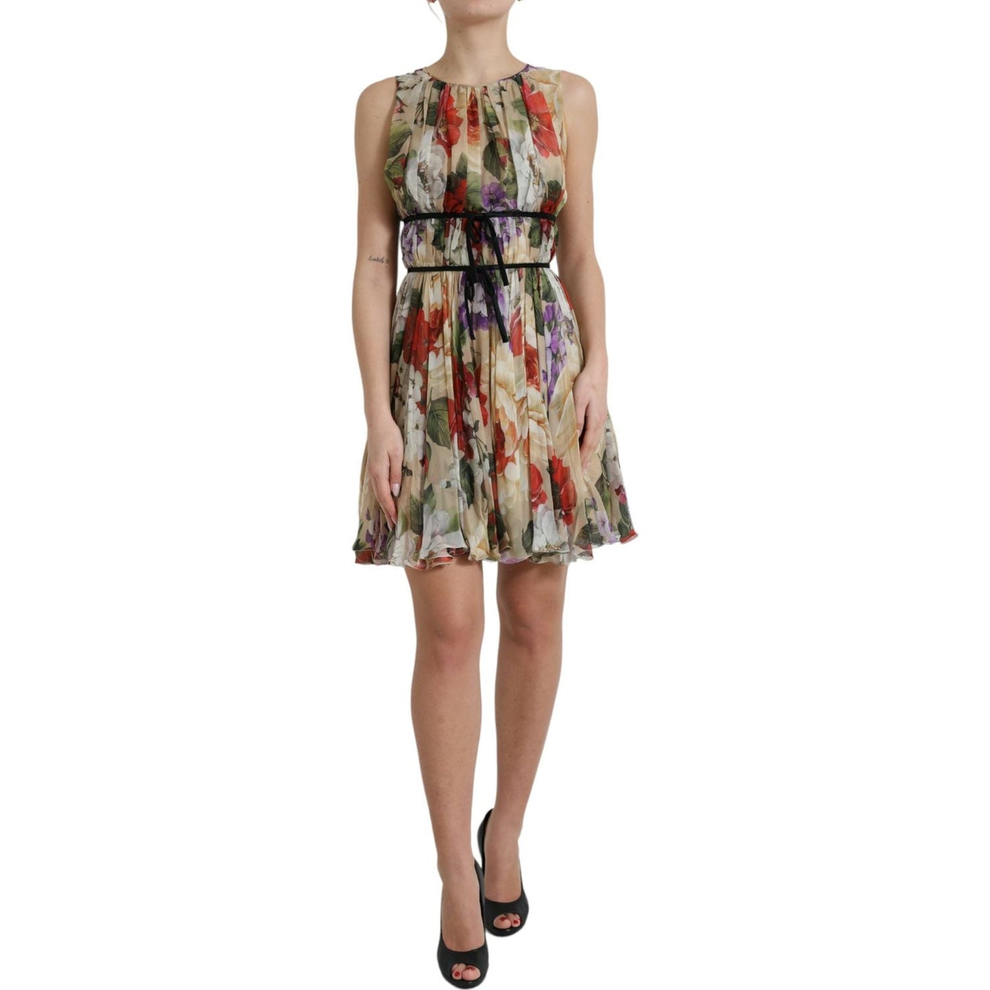 Dolce & Gabbana Beige Floral Sleeveless A-line Mini Dress DR281033-42