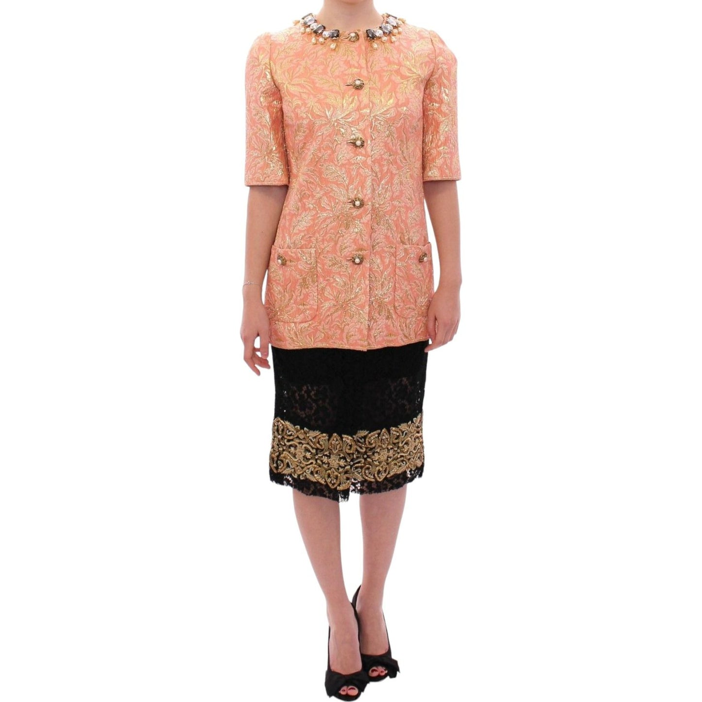 Dolce & Gabbana Pink Silk Brocade Crystal Jacket Coat GSS11674-1