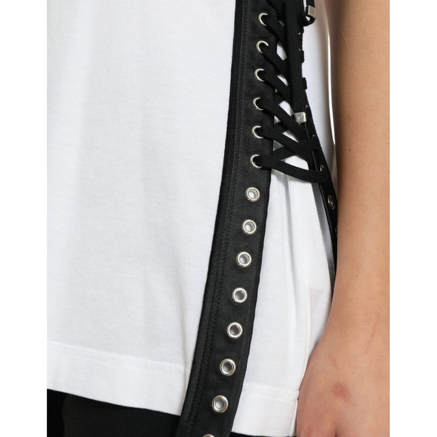 Dolce & Gabbana White Slogan Print Lacing Detailed T-shirt TSH84228-40
