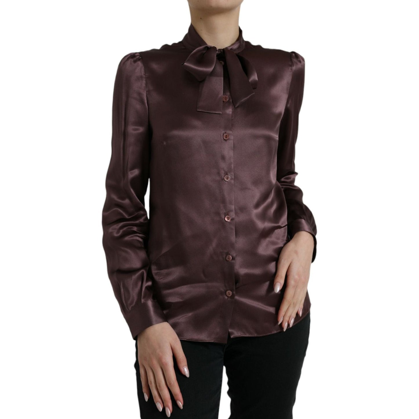 Dolce & Gabbana Brown Silk Ascot Collar Long Sleeve Blouse Top TSH84306-42