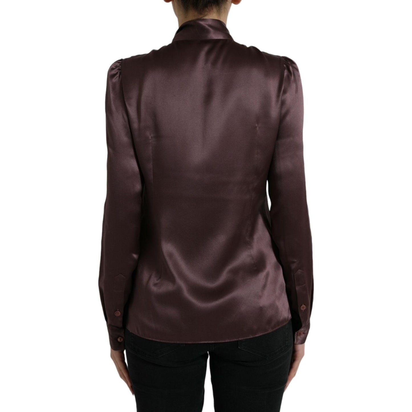 Dolce & Gabbana Brown Silk Ascot Collar Long Sleeve Blouse Top TSH84306-42