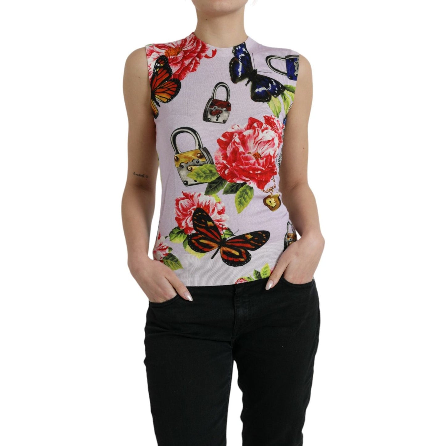 Dolce & Gabbana Multicolor Floral Padlock Butterfly Tank Top TSH84330-38