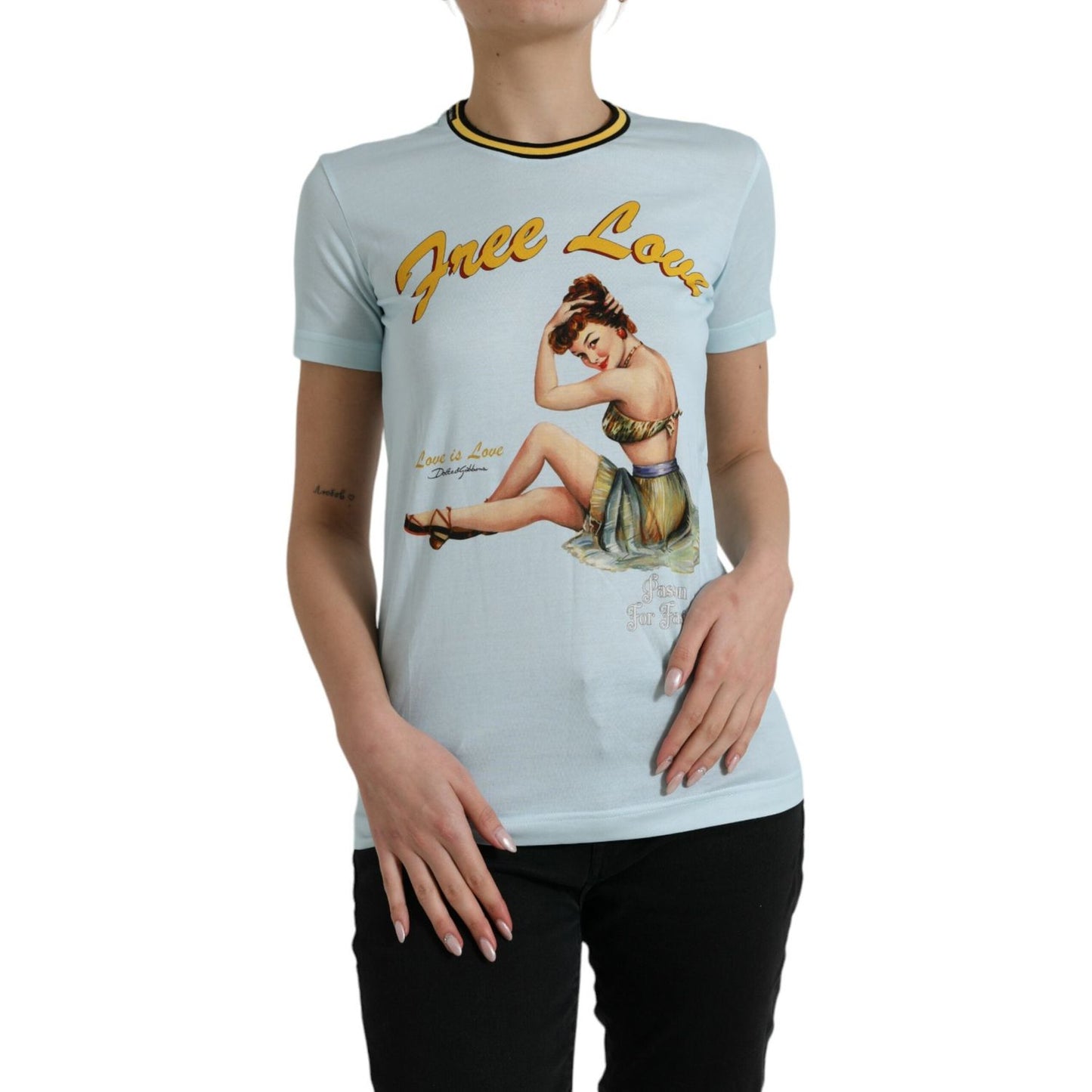 Dolce & Gabbana Light Blue Cotton Free Love Crew Neck T-shirt TSH84340-36