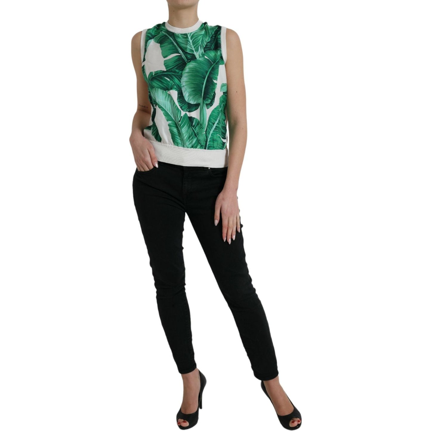 Dolce & Gabbana White Banana Leaf Print Crew Neck Tank Top TSH84843-36