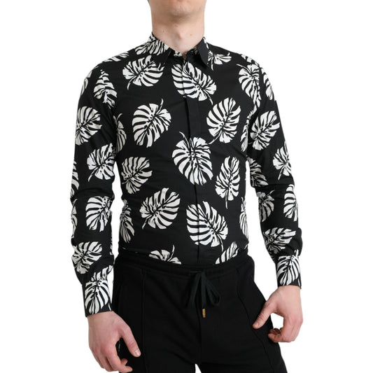 Dolce & Gabbana Black Leaf Cotton Men Formal GOLD Dress Shirt