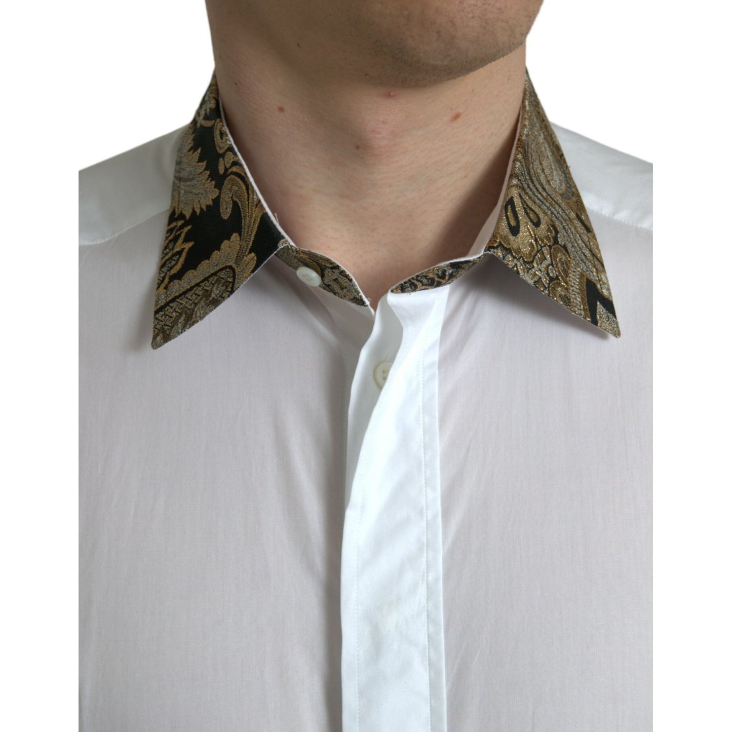 Dolce & Gabbana White Cotton Jacquard Formal GOLD Dress Shirt TSH84705-41