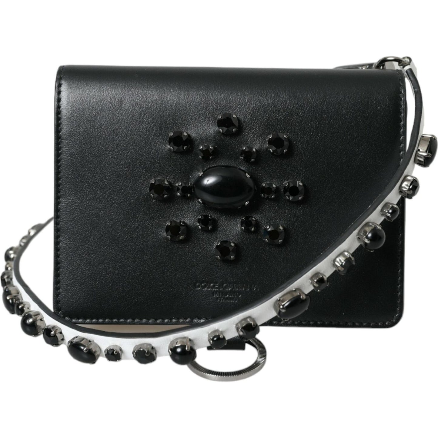 Dolce & Gabbana Black White Leather Crystal Embellished Cardholder Wallet BAG1131