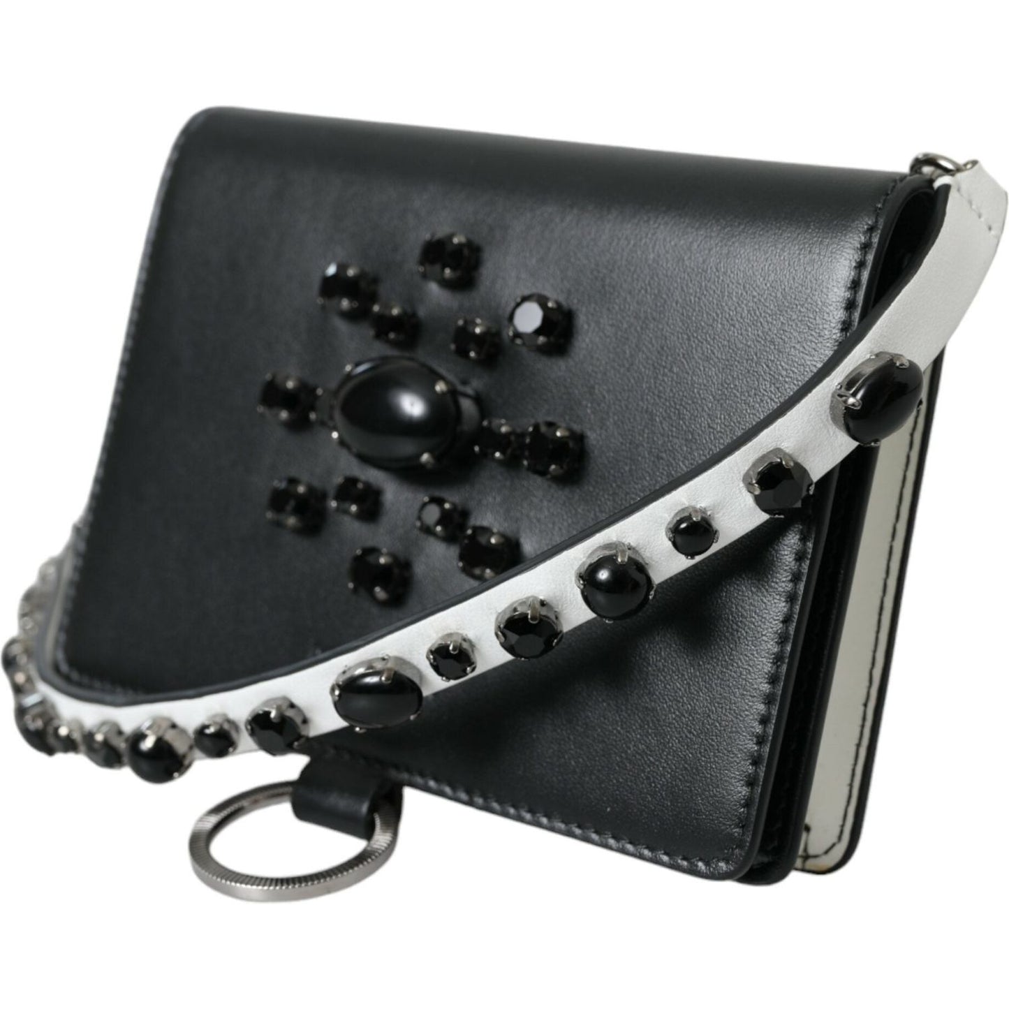 Dolce & Gabbana Black White Leather Crystal Embellished Cardholder Wallet BAG1131