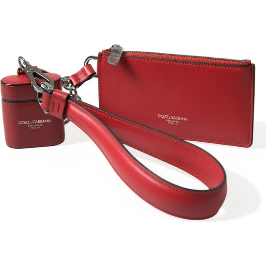 Dolce & Gabbana Red Leather Silver Metal Logo Strap Pouch Airpods Case