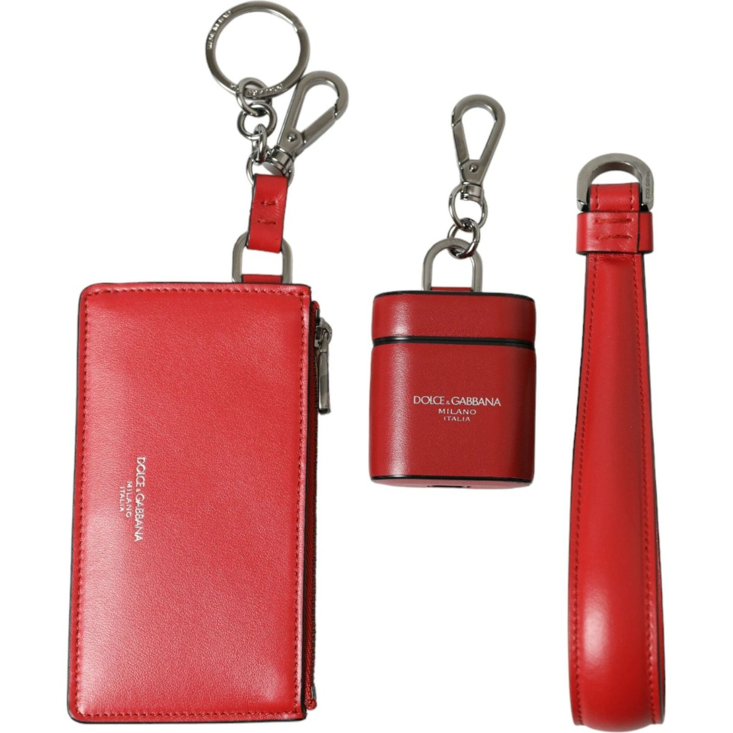 Dolce & Gabbana Red Leather Silver Metal Logo Strap Pouch Airpods Case SMY101285