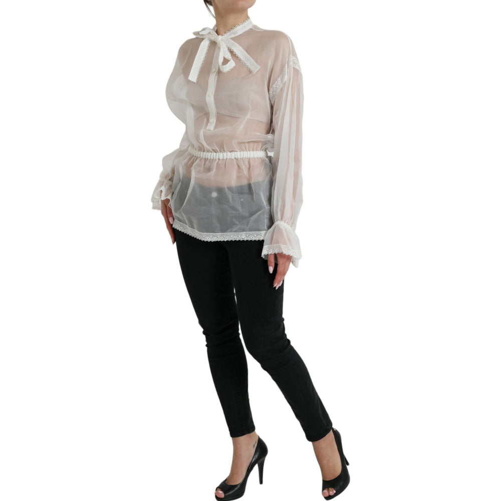 Dolce & Gabbana White Silk Long Sleeves Ascot Collar Top TSH84781-38