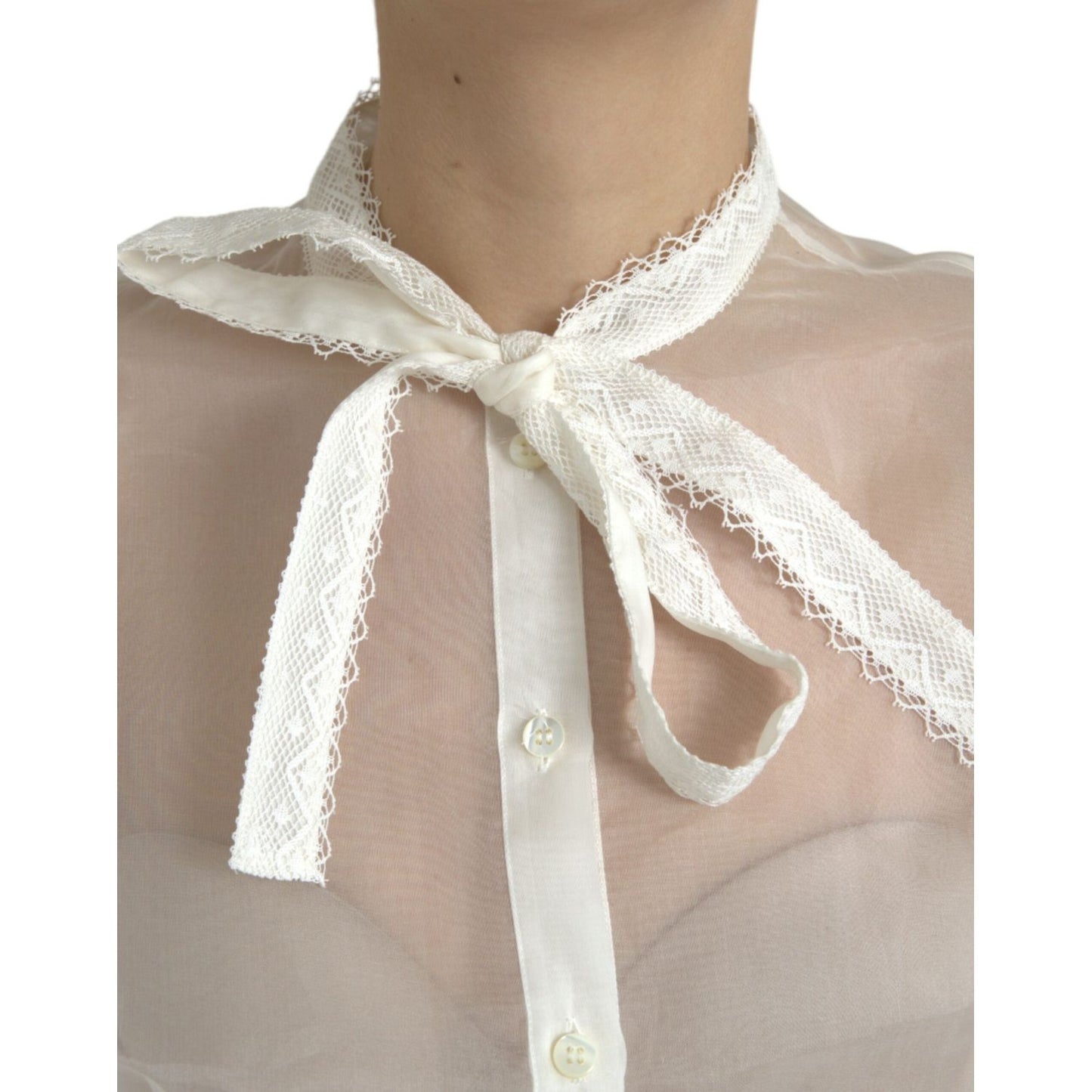 Dolce & Gabbana White Silk Long Sleeves Ascot Collar Top TSH84781-38